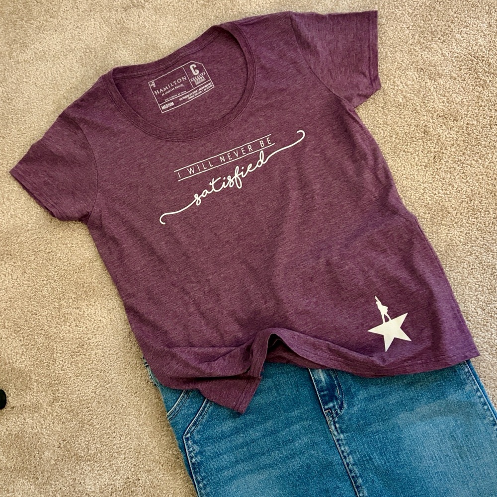 Hamilton I Will Never Be Satisfied Tee Shirt Light Heather Purple Size M
